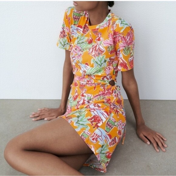 Zara Monkey Bongo Tropical Print T-Shirt Dress with Cut Out Sides Orange Small - Picture 9 of 11